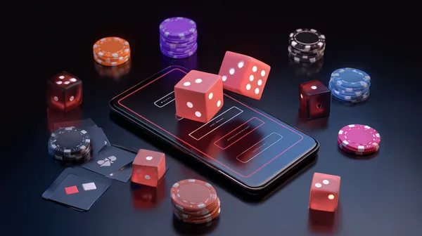 A woman smiling while playing online games on her laptop, surrounded by neon casino elements, showcasing 10WIM’s diverse game collection.