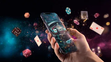 A woman smiling by bright slot machines showing lucky symbols, showcasing the exciting slot offerings at 10WIM.